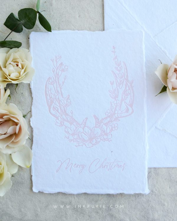 Letterpress Floral Antlers Christmas Card (Blush)