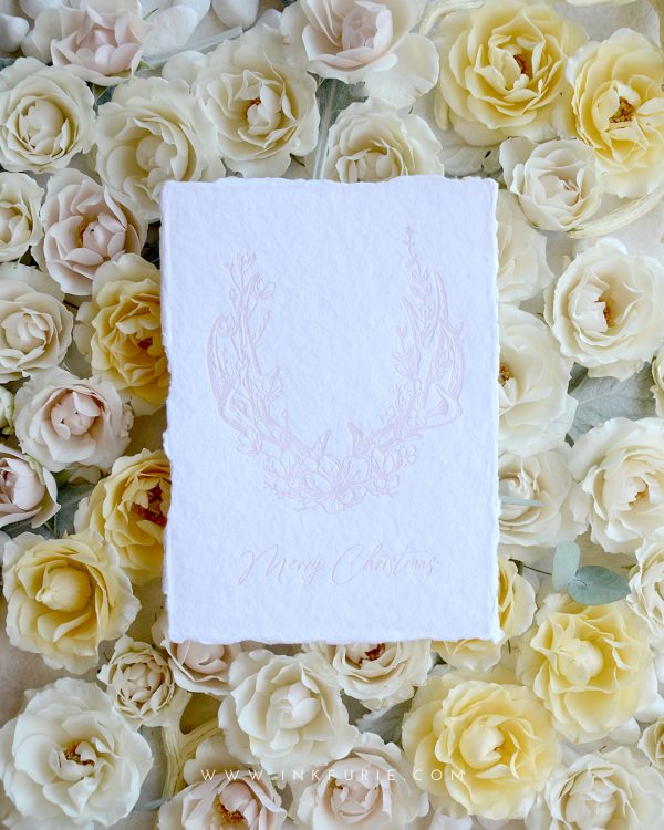 Letterpress Floral Antlers Christmas Card (Blush)