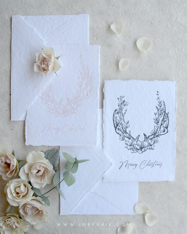 Letterpress Floral Antlers Christmas Card (Blush and Charcoal)