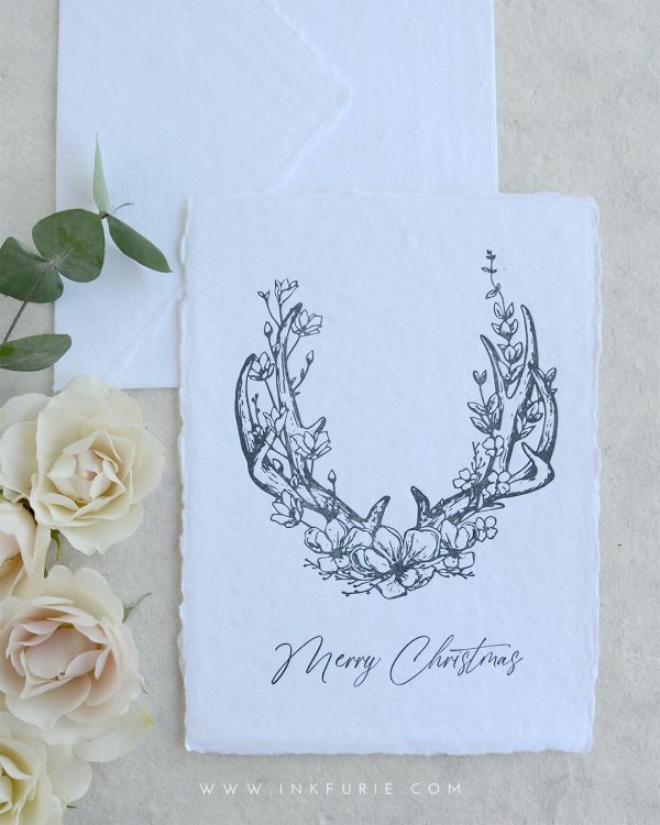 Letterpress Floral Antlers Christmas Card (Charcoal)