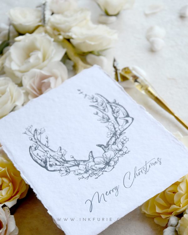 Letterpress Floral Antlers Christmas Card (Charcoal)